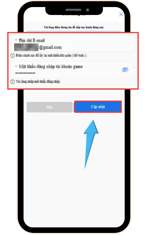 Bước 4:   ĐIỀN THÔNG TIN GMAIL >> Chọn CẬP NHẬT